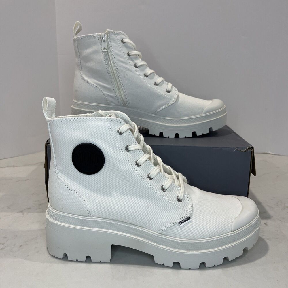 Palladium NEW Womens Sz 10 Canvas Combat Boots Pallabase Twill White Comfort